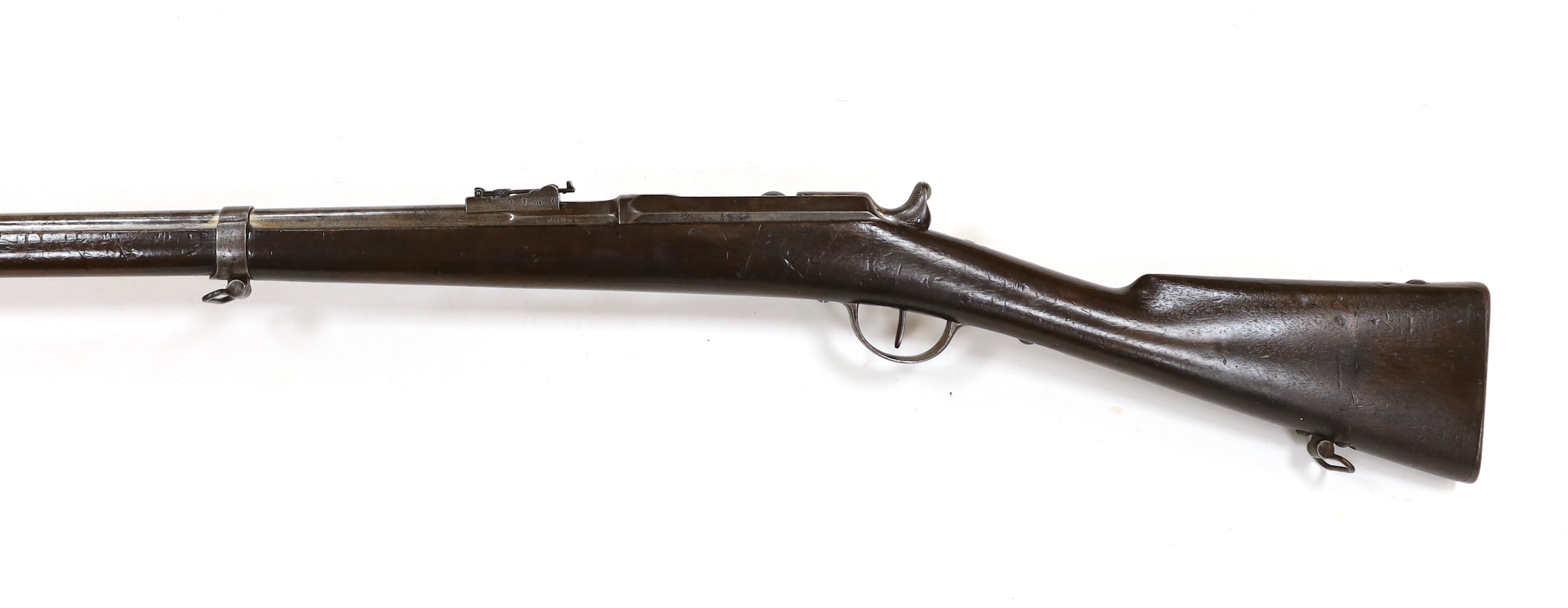 A French Chassepot bolt action rifle 1865-1874 with regulation, iron mounts, and 1868 brass handle bayonet dated 1868, barrel 79cm